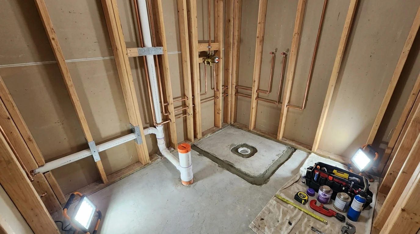 Bathroom rough-in plumbing during remodel by Johns Plumbing LLC in Nottingham