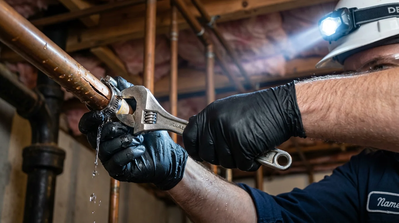 Emergency pipe clamp repair being performed by a Johns Plumbing LLC plumber in Nottingham