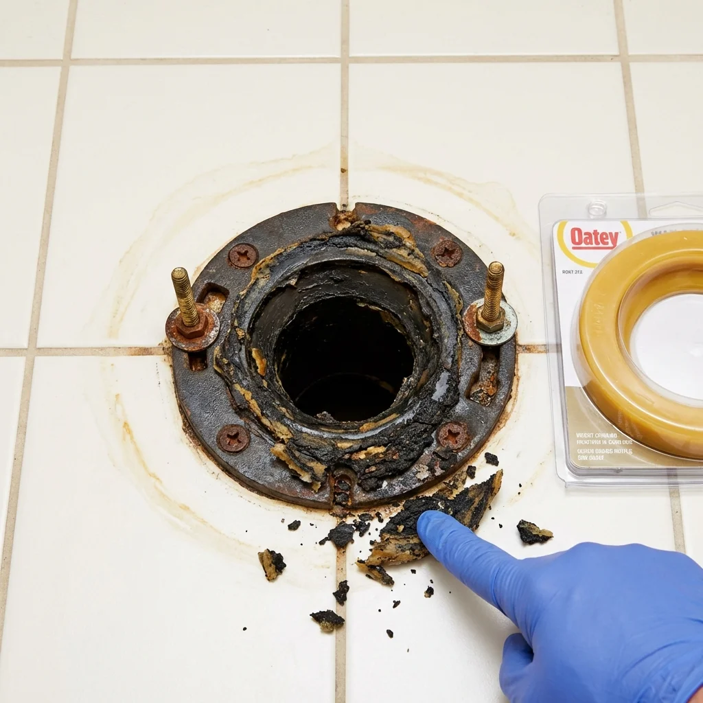 Failed wax ring showing water seepage at the base of a toilet in a Nottingham, NH home