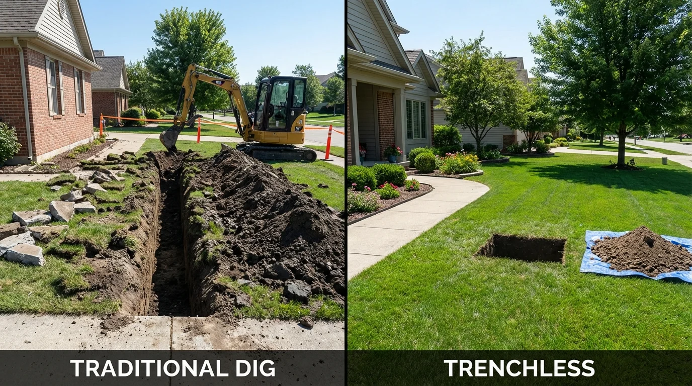 Trenchless sewer repair with minimal yard damage versus traditional excavation in Nottingham, NH