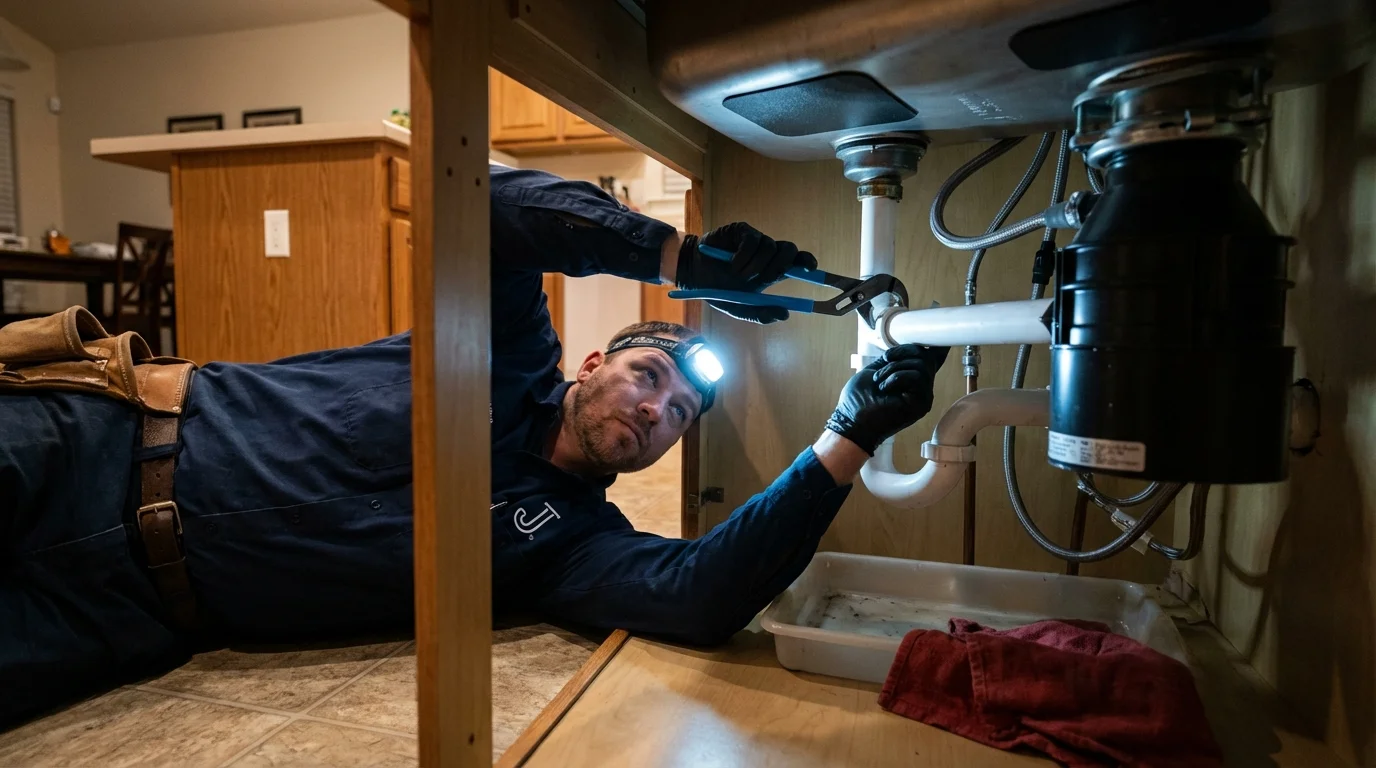 P-trap and supply line connections under a kitchen sink showing a common leak point in Nottingham, NH